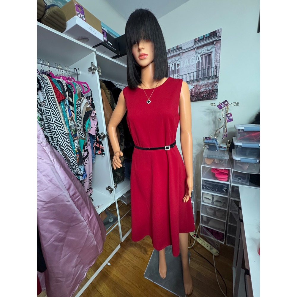 Tommy Hilfiger Red Midi Work Dress Sleeveless Elegant Fit Flare Classic Belt